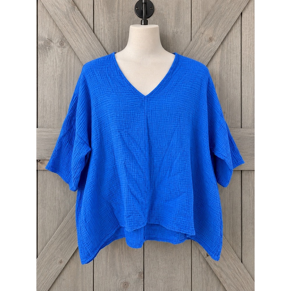 Bryn Walker Top Large Blue Cotton Gauze V-Neck Oversized Boxy Lagenlook USA